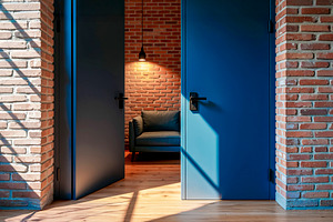 Open blue door in a modern loft, a Photo by rarrarorro