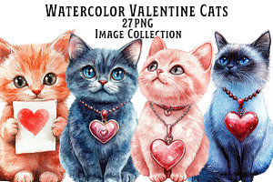 Watercolor Valentine Cats Clipart, an Illustration by Dream Creation