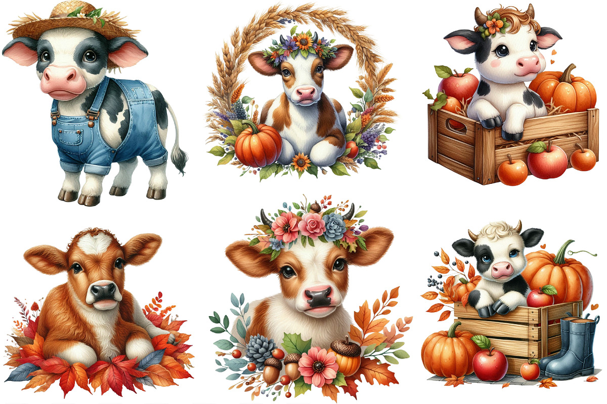 Watercolor Autumn Cow Clipart, an Illustration by Designking (Photo 2 of 4)