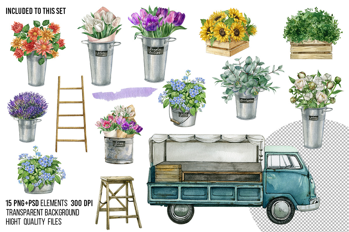 Watercolor flower shop truck cart, an Object Illustration by yana.fefelova (Photo 3 of 6)