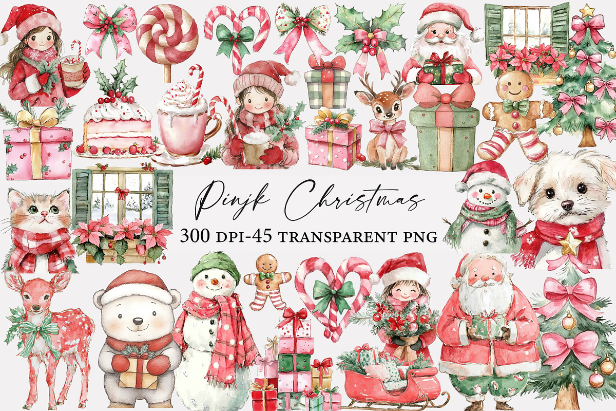 Watercolor pinjk Christmas clipart, an Illustration by Designworld (Photo 1 of 5)