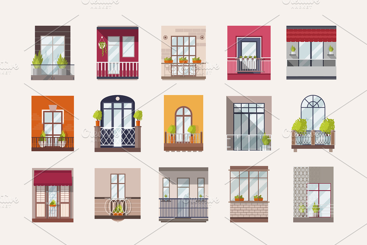 Building facade balconies set, a Decorative Illustration by Good Studio (Photo 2 of 3)