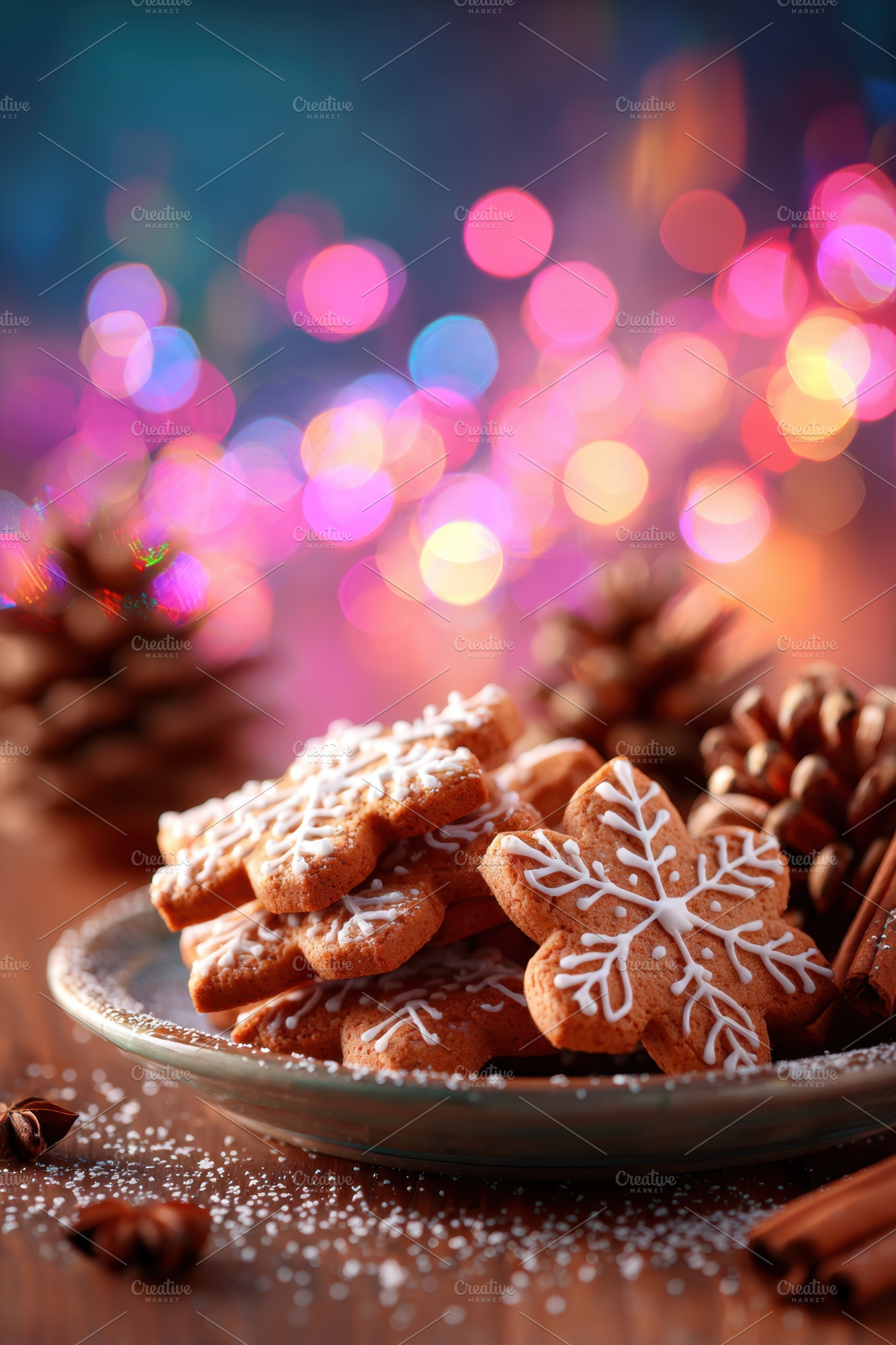 Festive gingerbread cookies with cinnamon and pine cones, a Food & Drink Photo by AlyaAnd