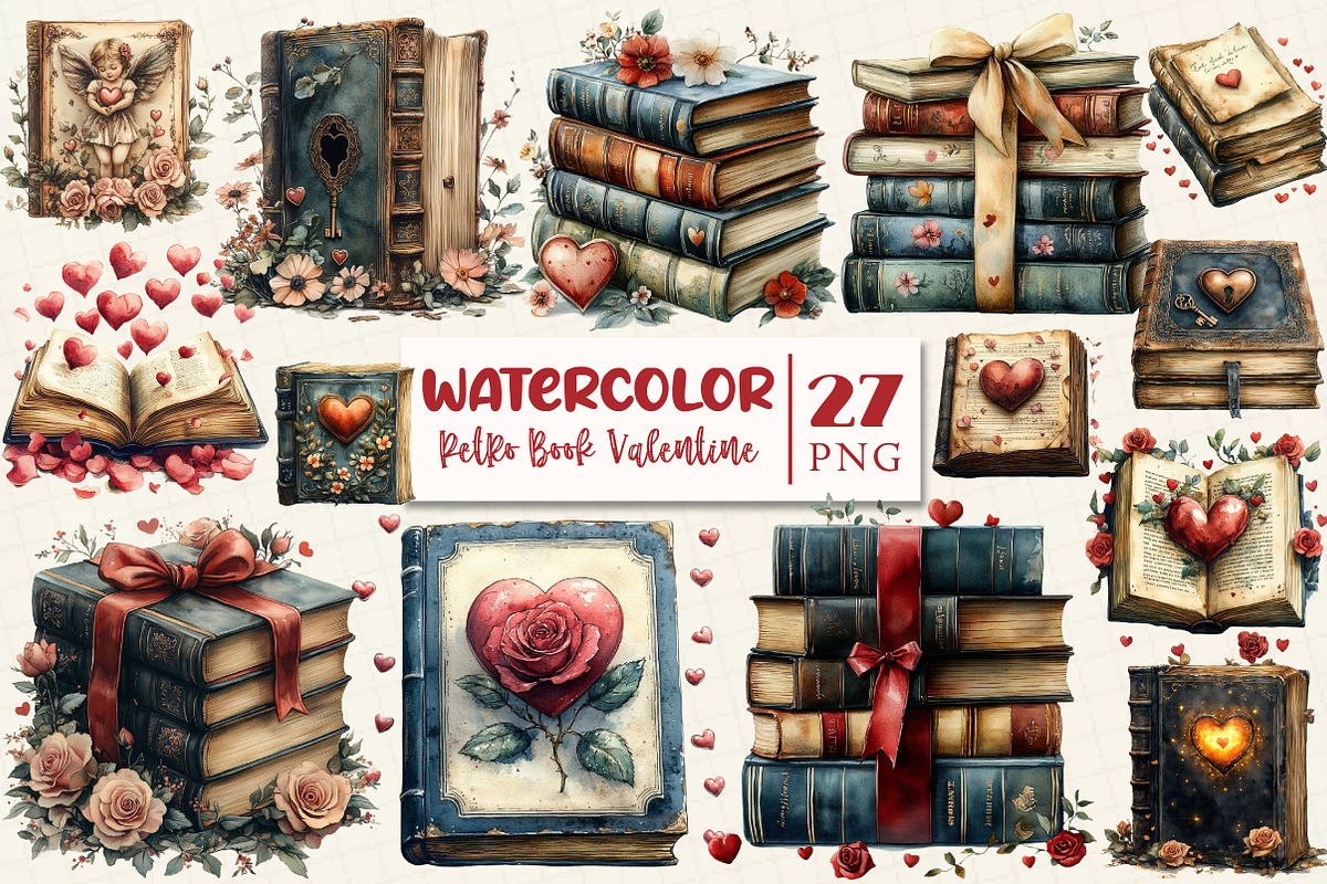 Retro Book Valentine Clipart Bundle, a Work Illustration by OK Design (Photo 1 of 3)