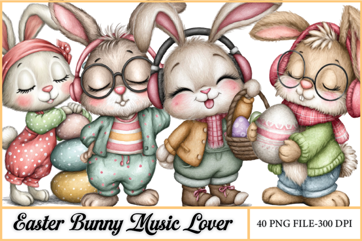 Easter Bunny Music Lover Clipart, a Seasonal Illustration by HueNestify (Photo 1 of 3)