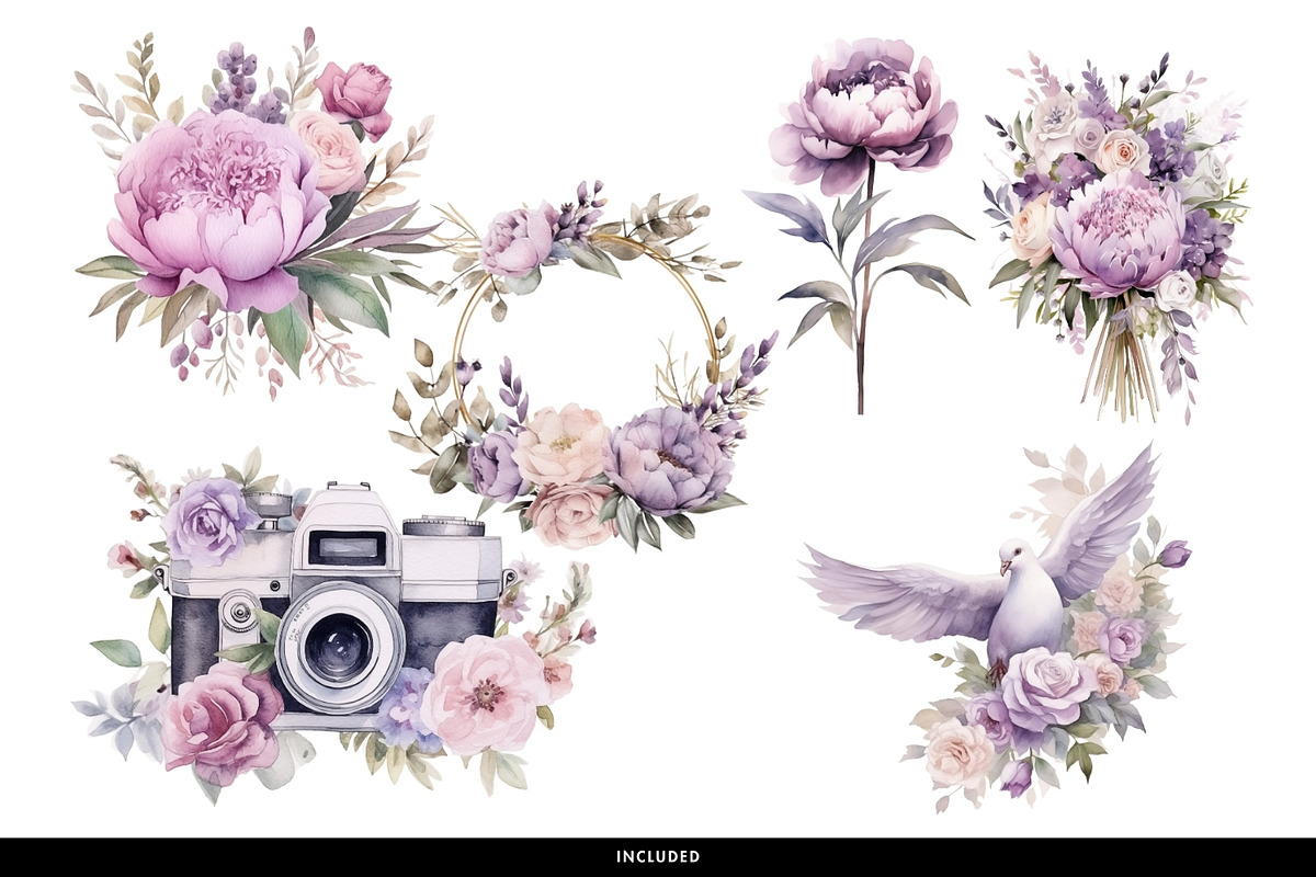 Purple Watercolor Floral & Patterns, a Decorative Illustration by illuztrate (Photo 8 of 9)