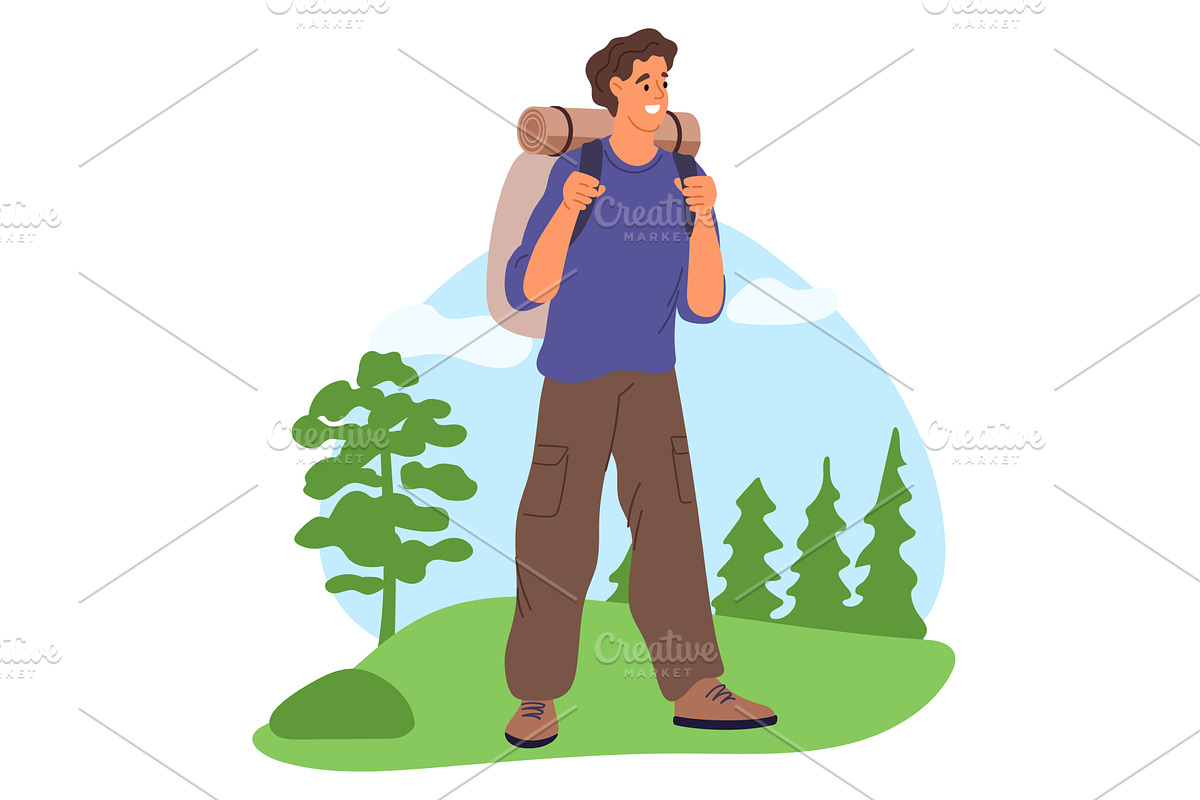 Man with backpack in nature. Hiking, an Illustration by Vectorbuum