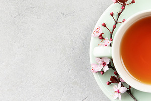 Cup of Tea with Spring Blossom on Mint Saucer Flat Lay, a Food & Drink Photo by Natalia Klenova's Shop