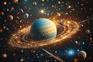 Glowing Planet Rings Cosmic Dust Spa, an Abstract Photo by Pixeness Studio