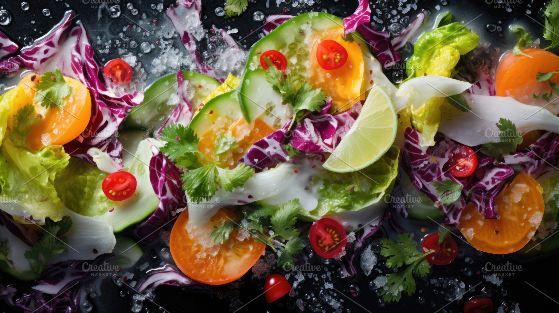 Fresh vegetable salad with citrus, cherry tomatoes, and lettuce, a Photo by Dvoevnore photos