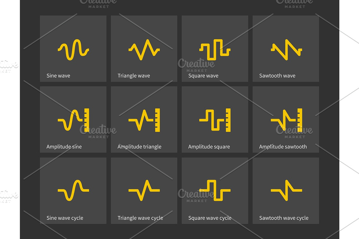 Sine, Triangle, Square, Sawtooth wave types icons., a Technology Illustration by theungsys