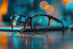Modern eyeglasses on blurred background, a Photo by AlyaAnd