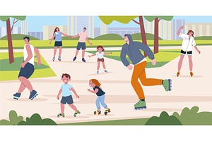 Roller skating in park. Adults and, an Illustration by Valerie Bodnar