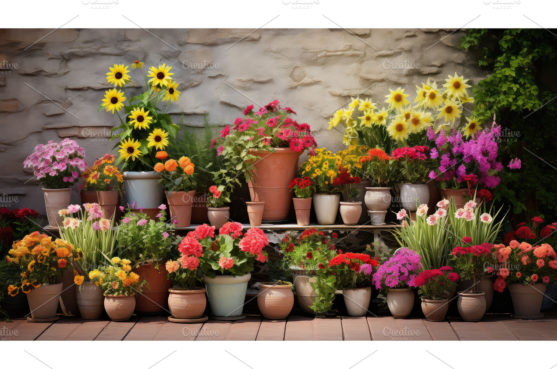 outdoor flower pots ai generated, a Nature Photo by pikepicture
