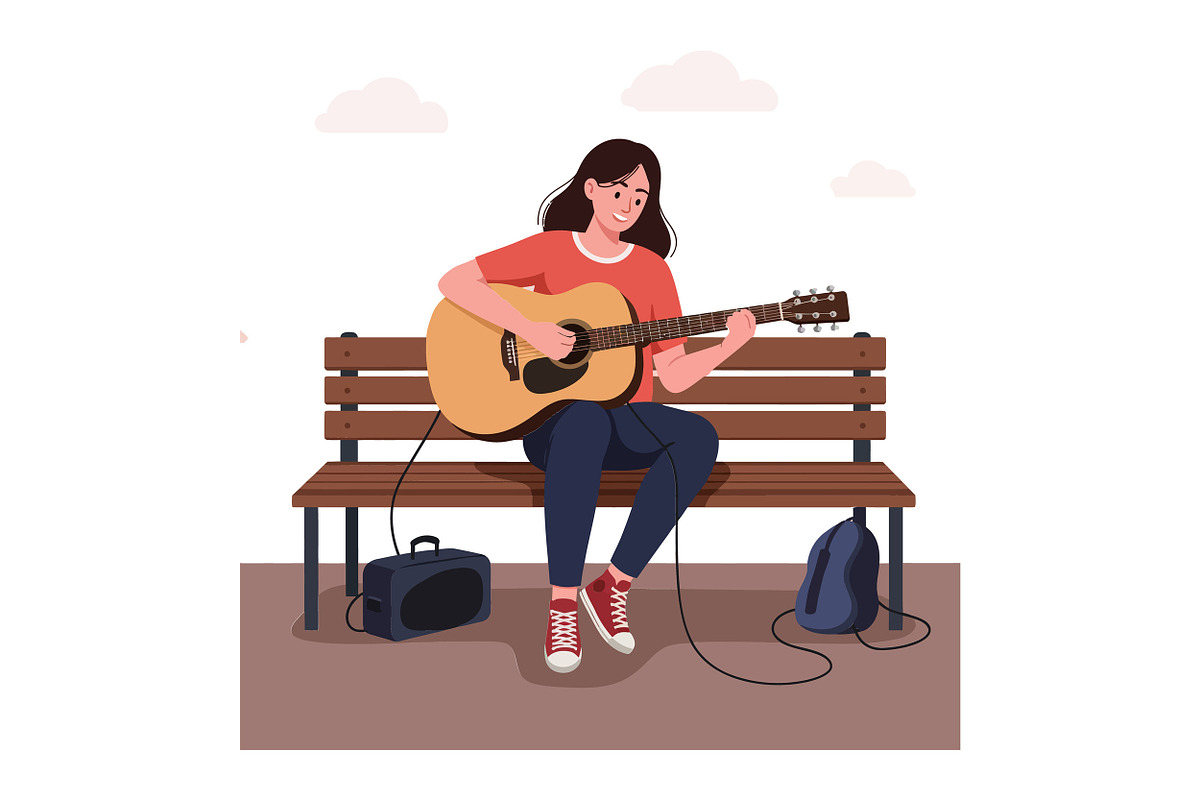Young woman playing acoustic guitar, an Illustration by designvectx