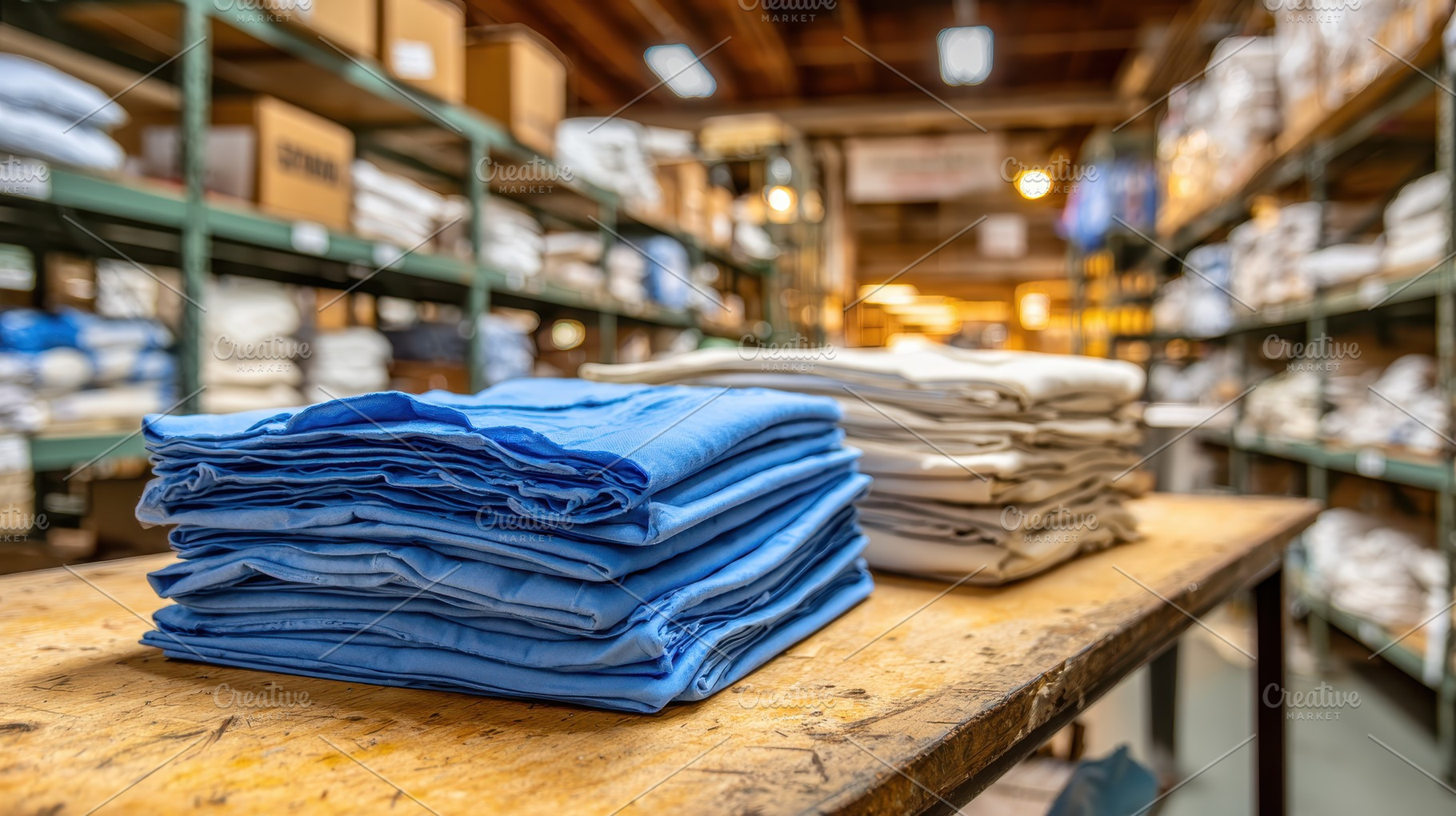 Stacked blue and beige fabric wareho, a Photo by Pixeness Studio