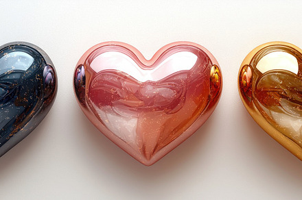 Three glittering hearts in pink, black, and gold on a soft pink background with, a Holiday Photo by José Manuel Gelpi