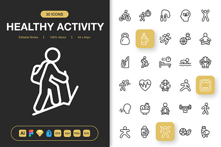 Health Activity Icons, an Outline Icon by Spacepixel Creative