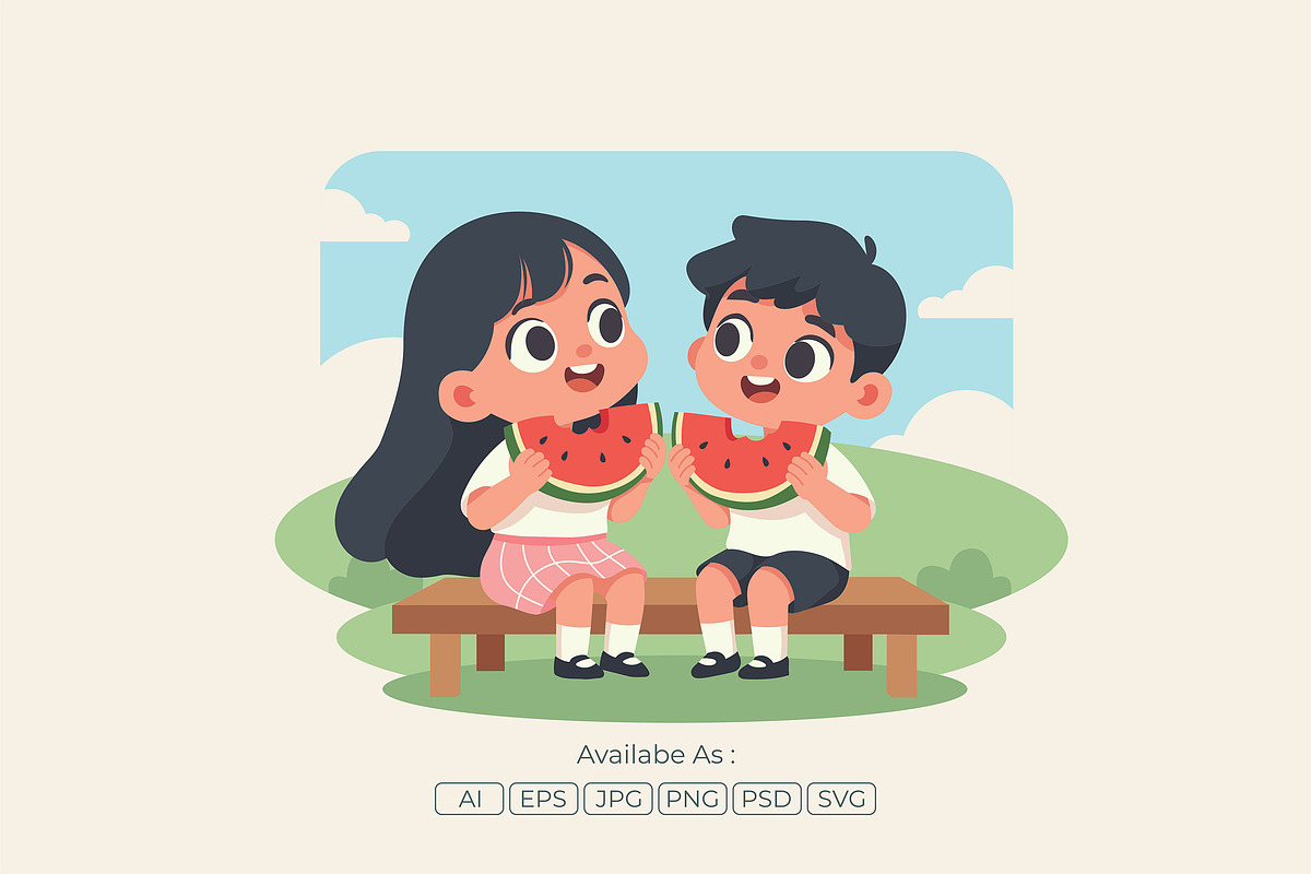 Joyful Kids Watermelon Snack Cartoon, a Food Illustration by Partikusi Design (Photo 2 of 3)
