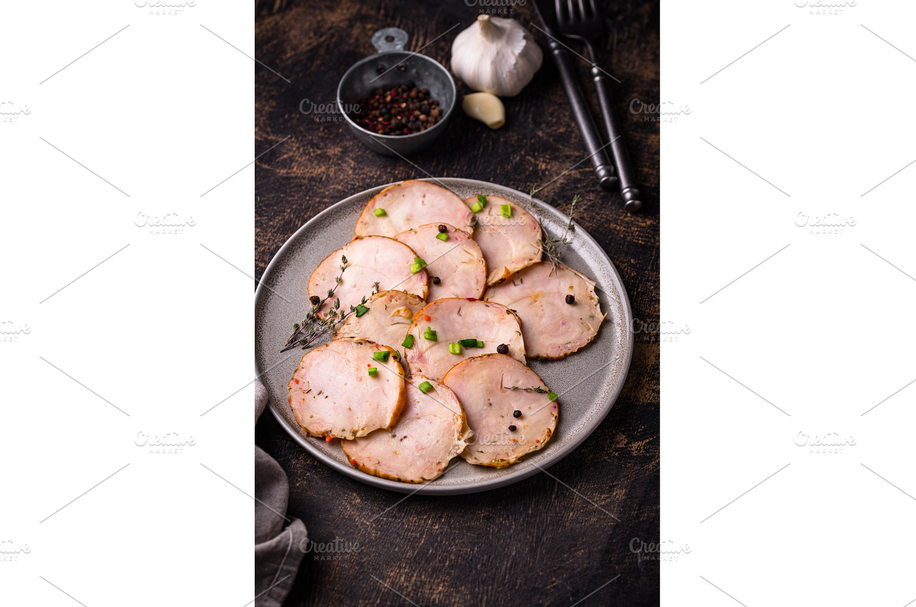 Sliced chicken sausage with herbs, a Food & Drink Photo by Yulia Furman