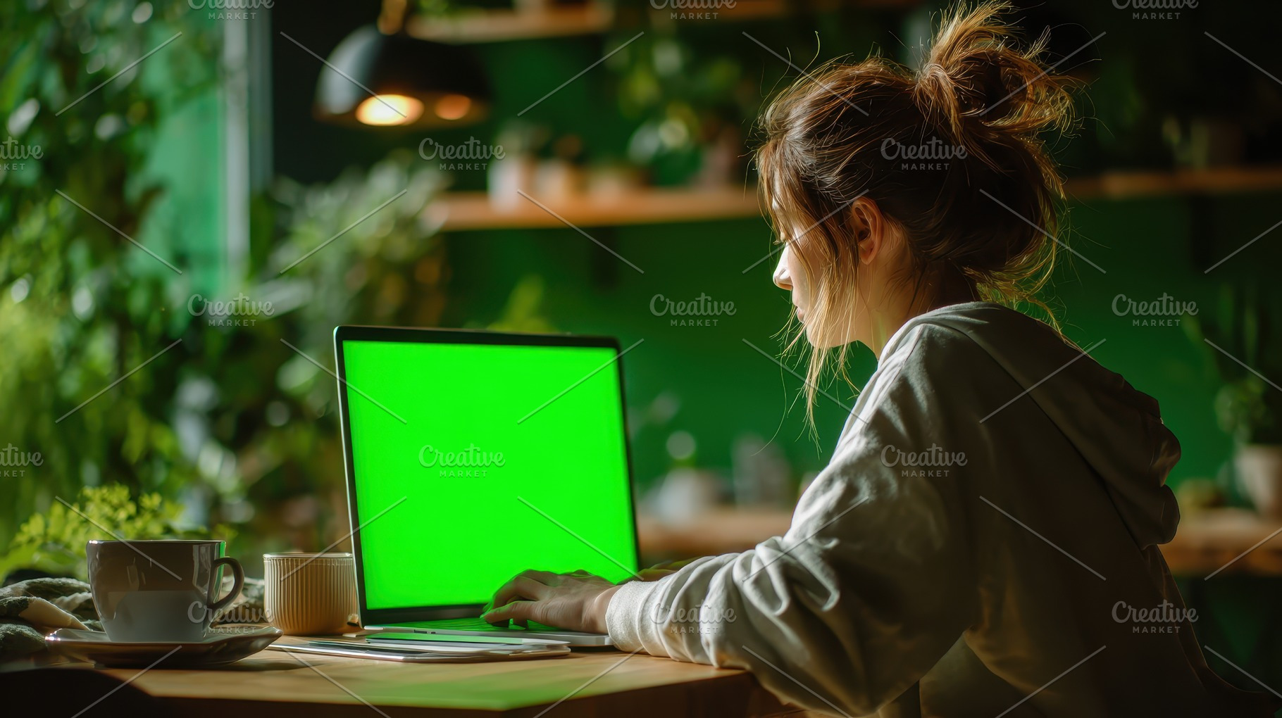 Woman working on laptop green screen, a Photo by Pixeness Studio