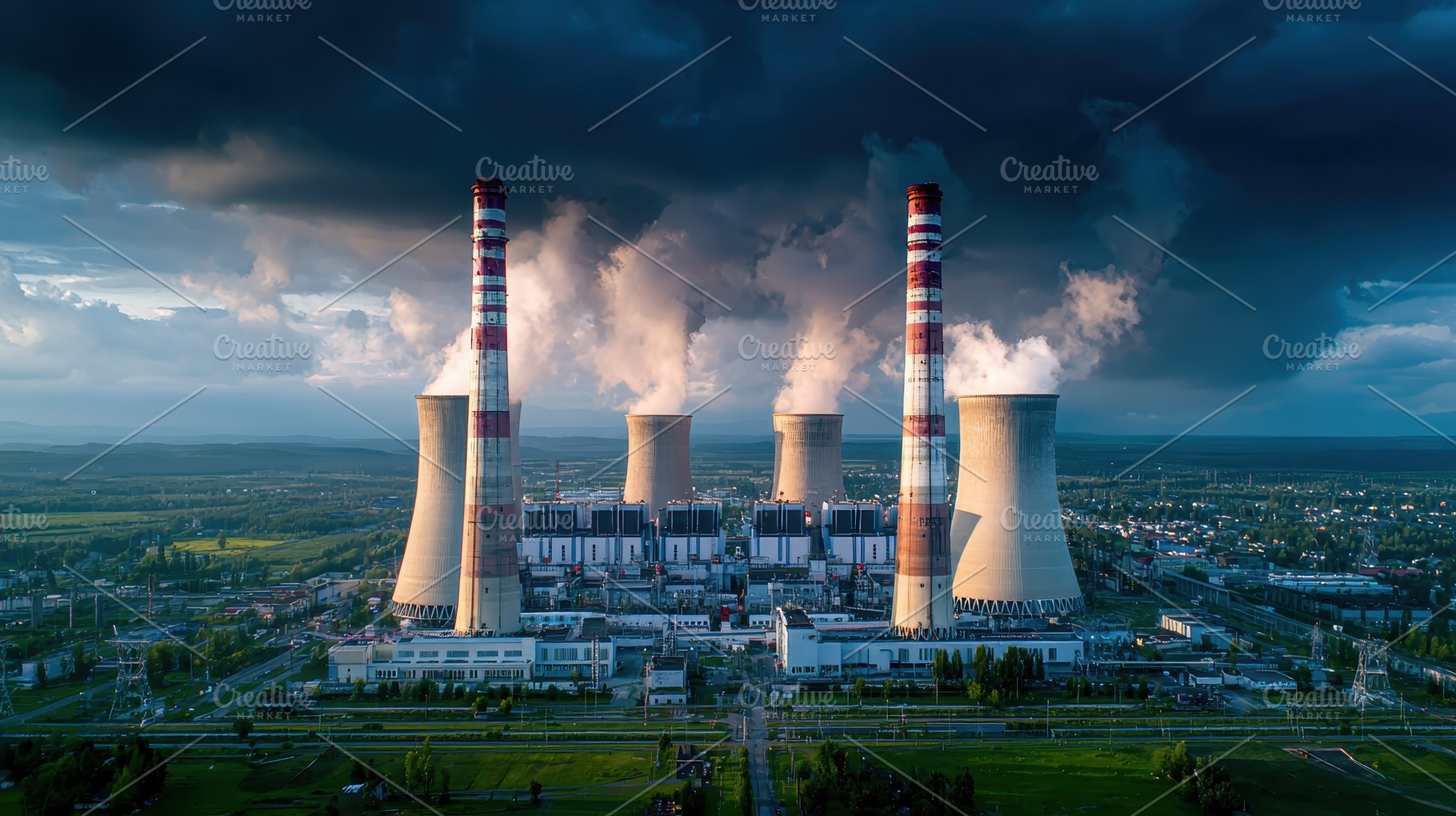 Aerial view of a power plant with ta, a Photo by Pixeness Studio