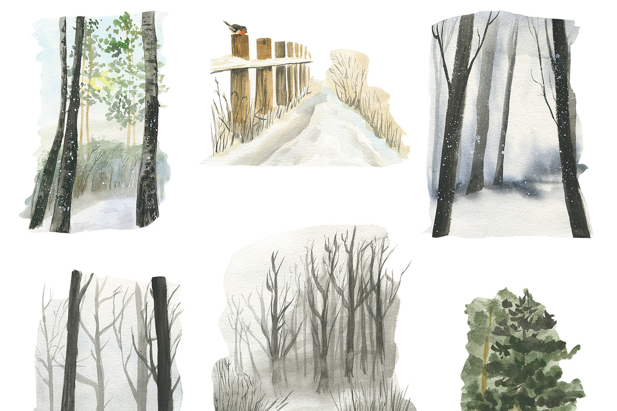 Snow watercolor forest, an Illustration by Love Watercolor Store (Photo 4 of 8)