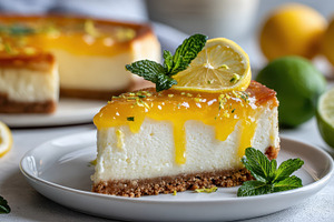Lemon Cheesecake Slice with Mint Gar, a Photo by Pixeness Studio