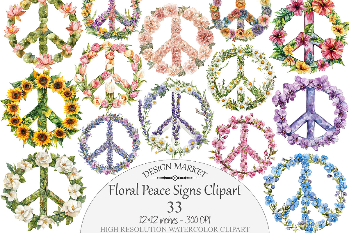 Watercolor Floral Peace Signs Clipar, a Seasonal Illustration by Design Market (Photo 1 of 4)