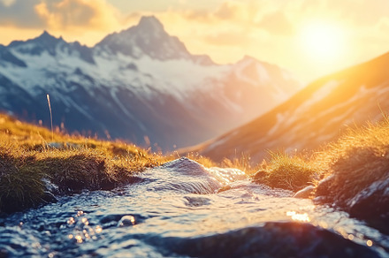Beautiful landscape with water stream on mountains background, a Background Photo by AlyaAnd