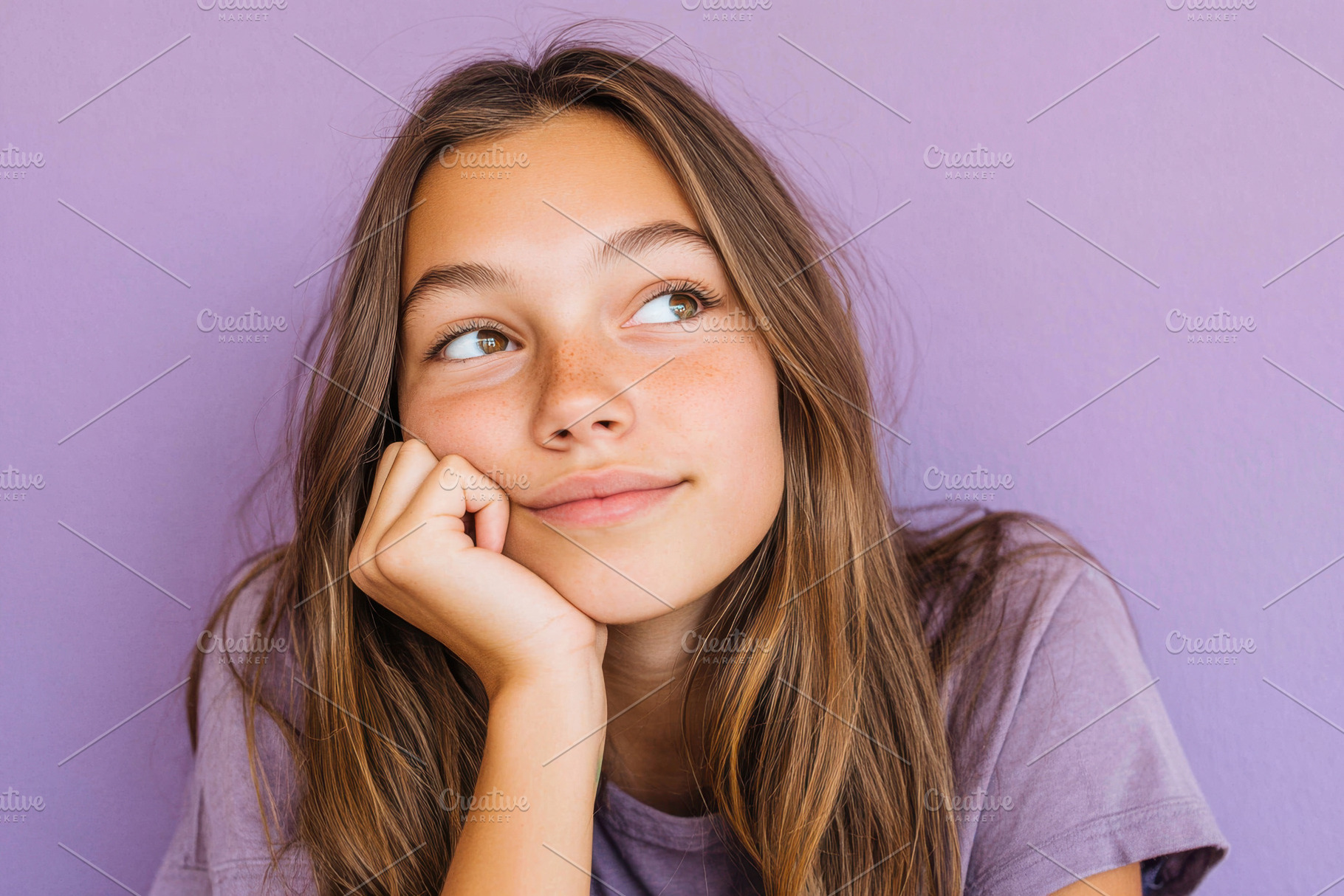 Thoughtful girl against a purple background, a Person Photo by AlyaAnd
