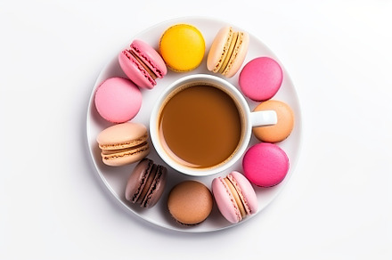 Colorful macarons with cup of coffee on white background, a Food & Drink Photo by AlyaAnd