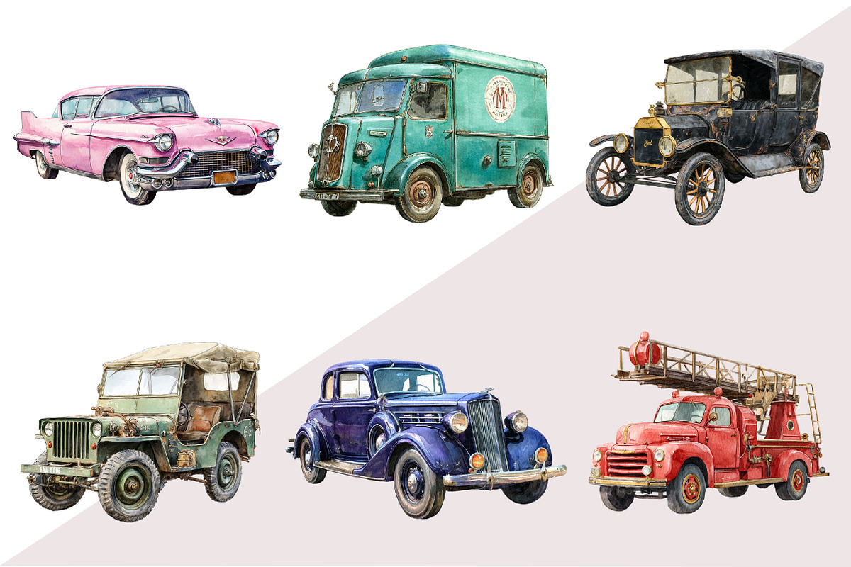 Watercolor Vintage Cars Clipart, an Illustration by Design Market (Photo 3 of 3)