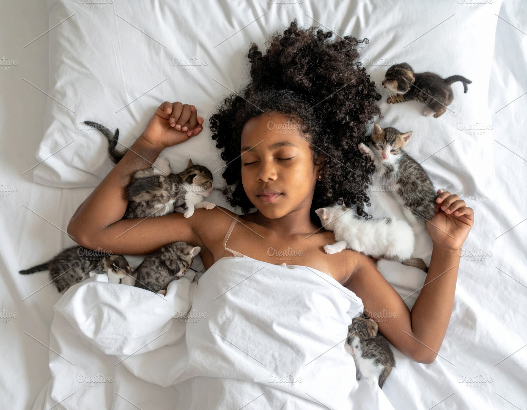 A young girl sleeping on bed with kittens, a Person Photo by DanFLCreativo