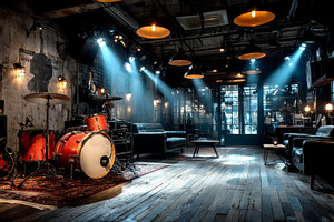 Rustic music studio with ambient lighting and vintage instruments on wooden flo, a Photo by AS photostudio
