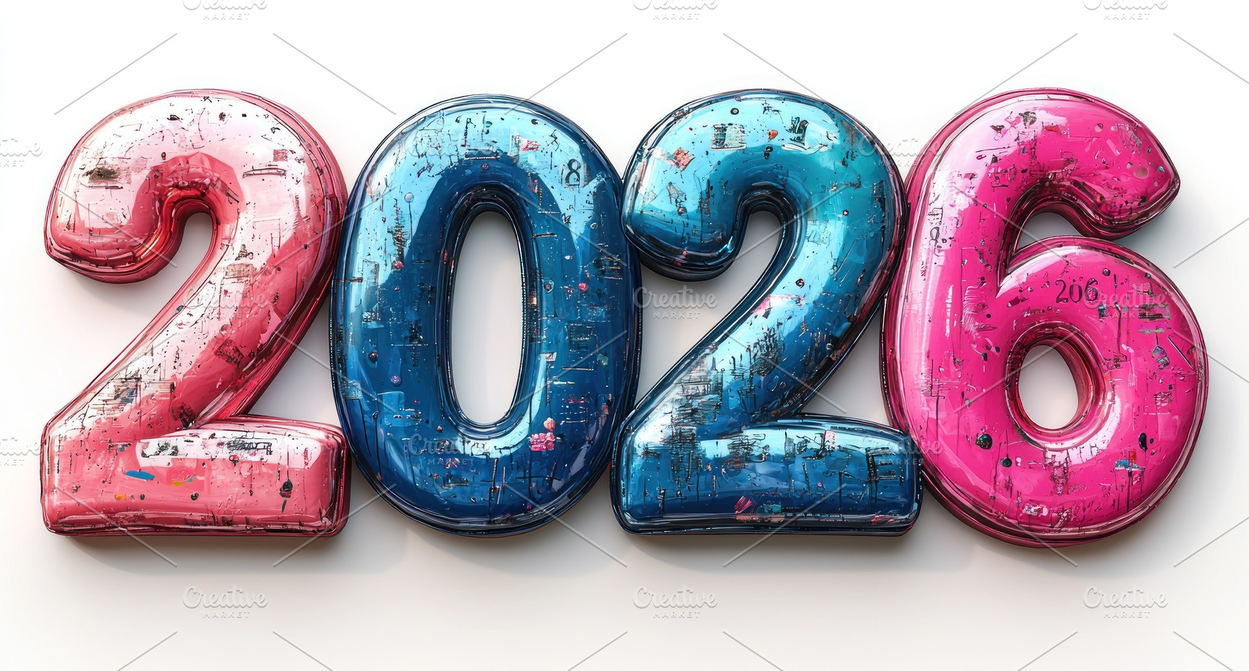 Shiny inflatable 2026 numbers in pink and blue metallic finish o, a Background Photo by José Manuel Gelpi