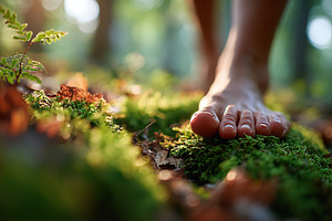 Walking slowly on soft mossy ground through a peaceful forest setting in the ea, a Photo by AlyaAnd