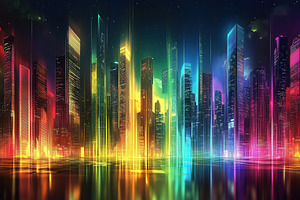 A vibrant, futuristic city skyline at night, featuring tall, illuminated skyscr, an Arts & Entertainment Photo by Textures & Backgrounds