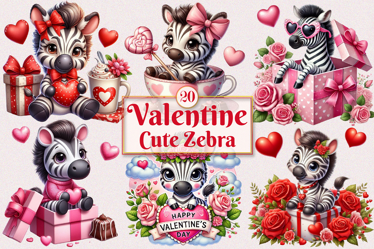 Valentine Cute Zebra Clipart Bundle, a Seasonal Illustration by Craft Nest (Photo 1 of 5)