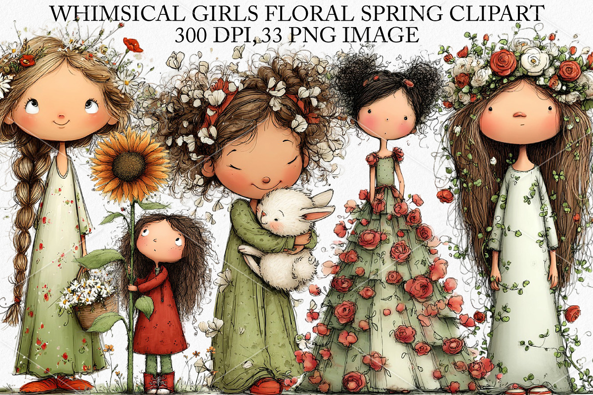 Whimsical Girls Floral Spring Clipar, an Illustration by Canvas Craft (Photo 1 of 7)