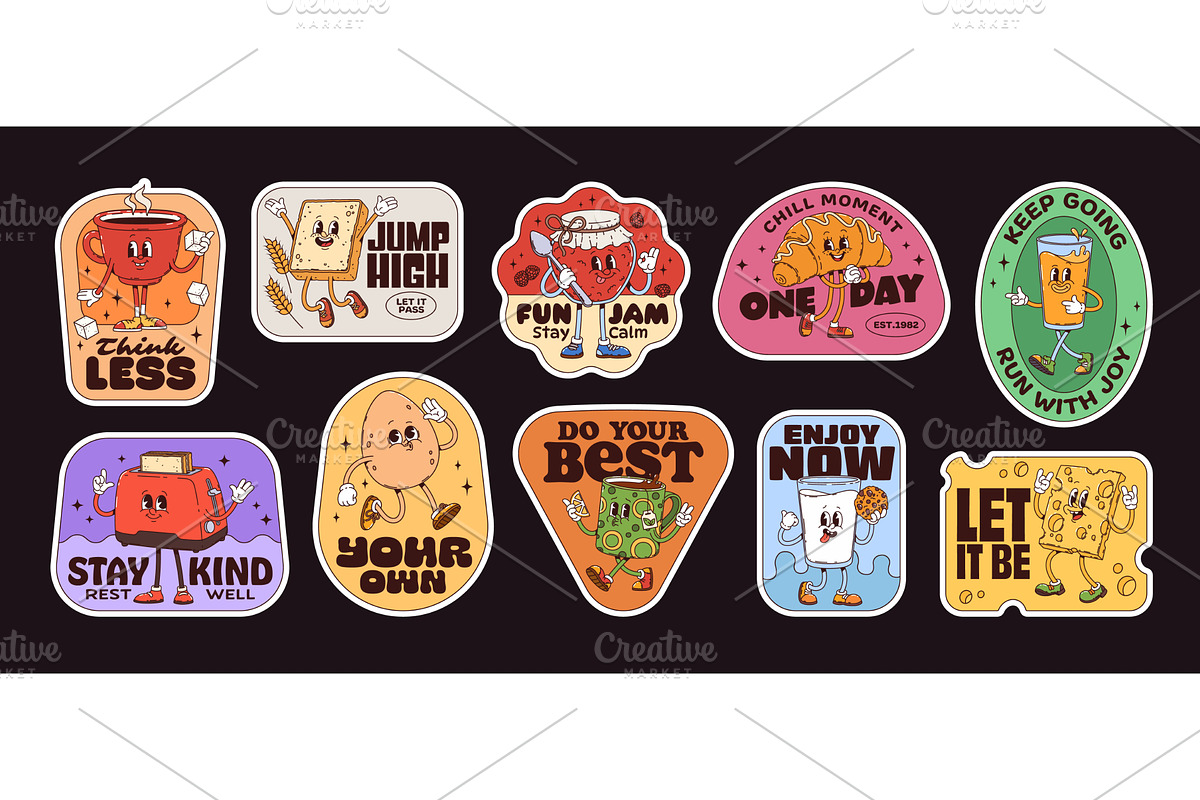 Breakfast groovy label stickers, a Food Illustration by Buch&Bee