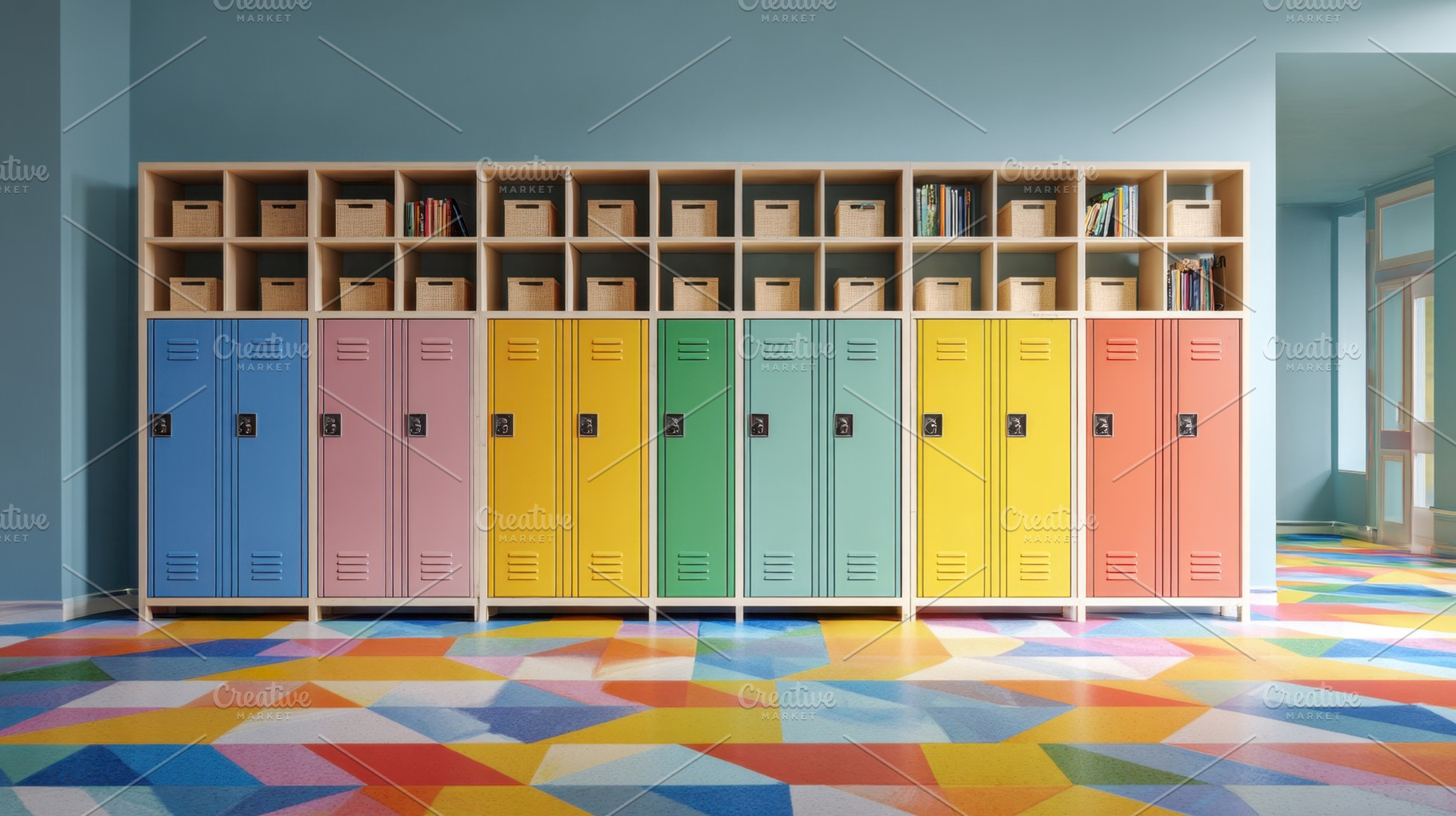 Colorful lockers in a school hallway, a Photo by Beautiful things