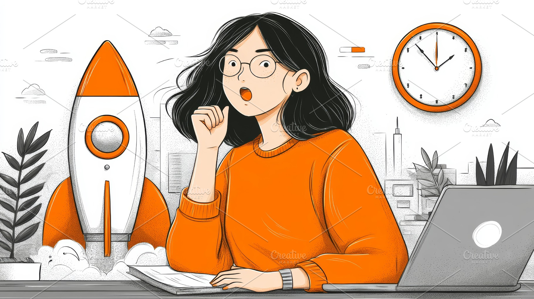 Young woman planning a startup marketing campaign with rocket symbol, laptop an, a Photo by AS photostudio