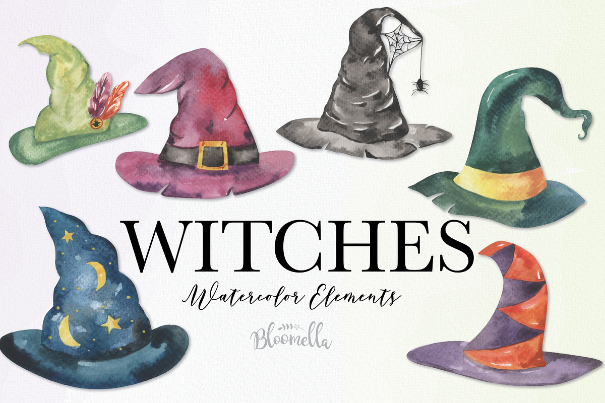 Watercolor Witches Hats Elements, a Decorative Illustration by Bloomella (Photo 2 of 6)