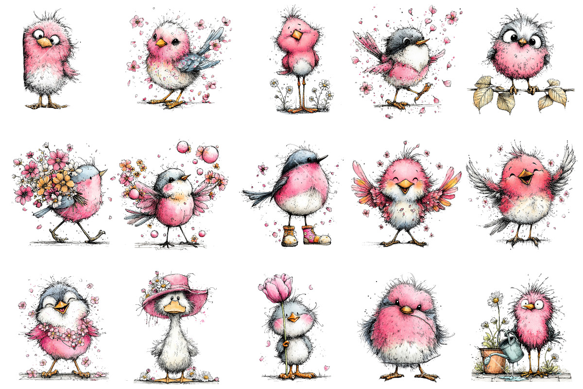 Whimsical Funny Spring Bird Clipart, an Illustration by OK Design (Photo 3 of 6)