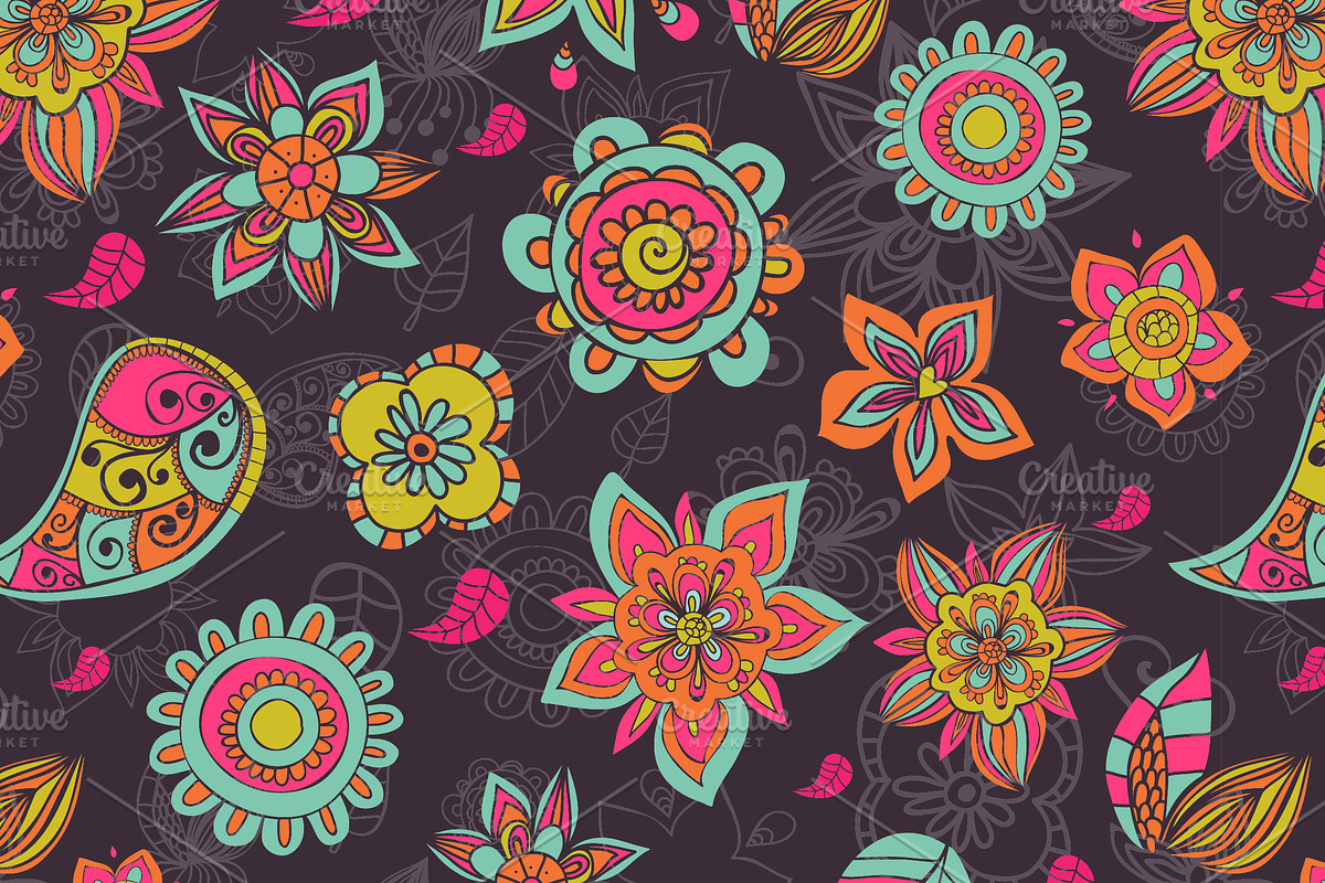 Vector doodle flowers patterns. preview 2