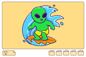 Cute Alien Surfing With Surfboard, a Sport Illustration by Artstorystudio
