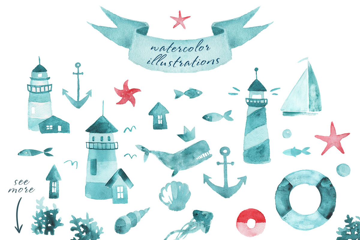 Marine Watercolor Collection, a Texture Illustration by WinWinFolly (Photo 3 of 7)