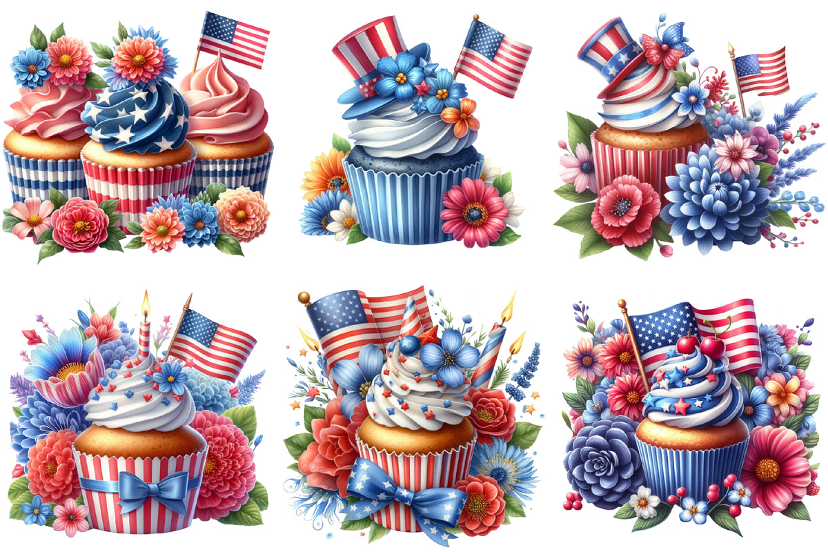 Watercolor 4th of July Cupcake Clipa, an Illustration by Sublimation Artist (Photo 2 of 6)