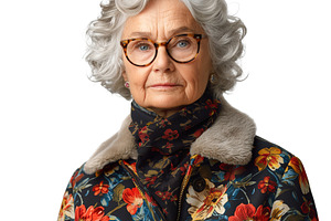 An elderly Caucasian woman with curly gray hair, wearing a floral-patterned coa, a Person Photo by ImageMir